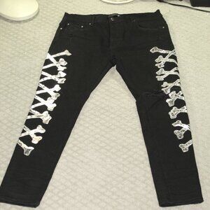 Amiri Jeans Mens 36 Black Cross Bones Button Fly Stretch Slim Distressed Jeans